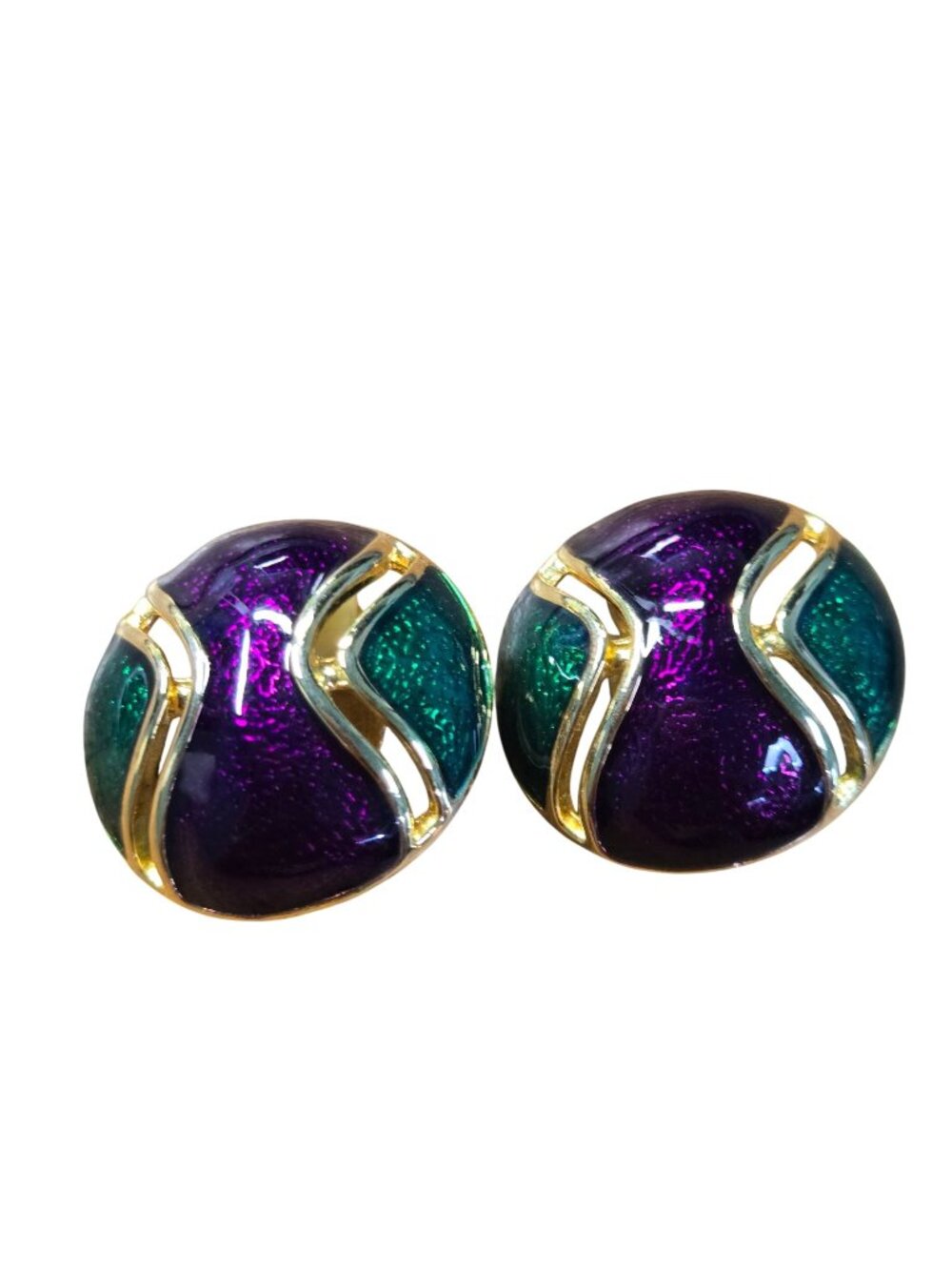 Vintage 1980s Purple Green Gold Enamel Clip On Earrings Classic Stunning
